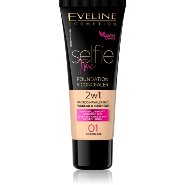 Eveline Cosmetics Eveline Cosmetics Selfie Time tekući puder i korektor 2 u 1 nijansa 01 Porcelain 30 ml