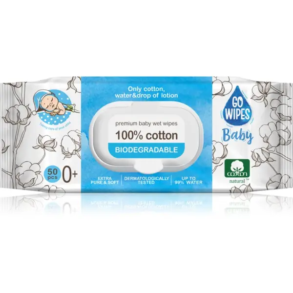 GoWipes GoWipes Baby 100% Cotton Biodegradable dječje nježne vlažne maramice za osjetljivu kožu 0+ 50 kom