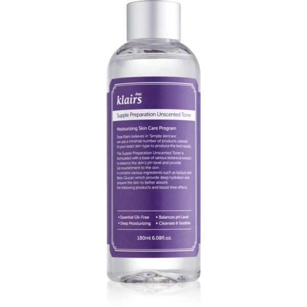 Klairs Klairs Supple Preparation Unscented Toner hidratantni toner za uravnoteženje pH lica bez parfema 180 ml