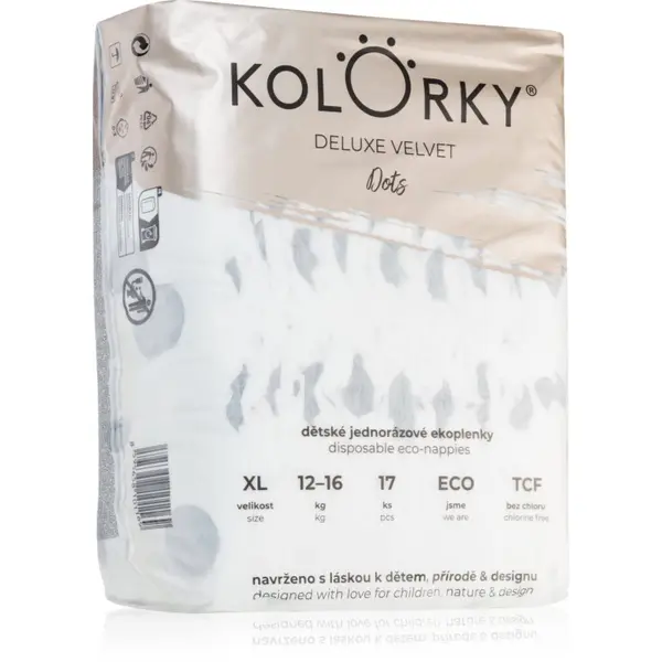 Kolorky Kolorky Deluxe Velvet Dots jednokratne EKO pelene veličina XL 12-16 kg 17 kom