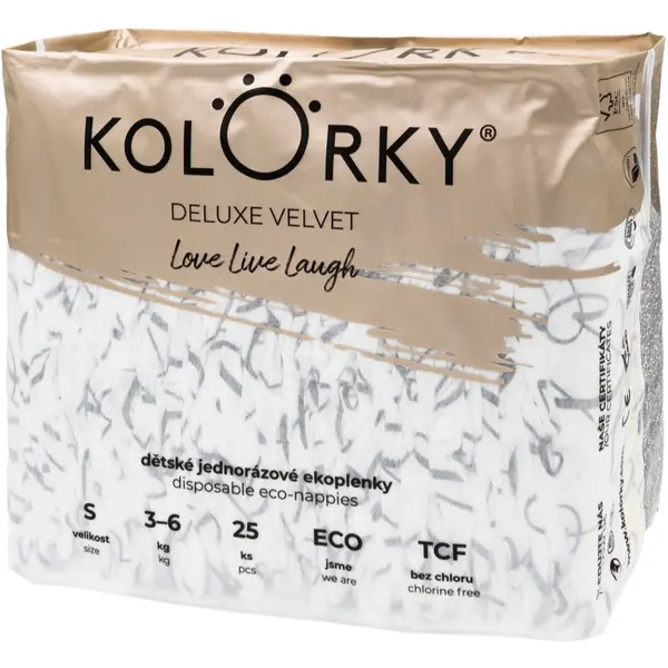Kolorky Kolorky Deluxe Velvet Love Live Laugh jednokratne EKO pelene veličina S 3-6 Kg 25 kom