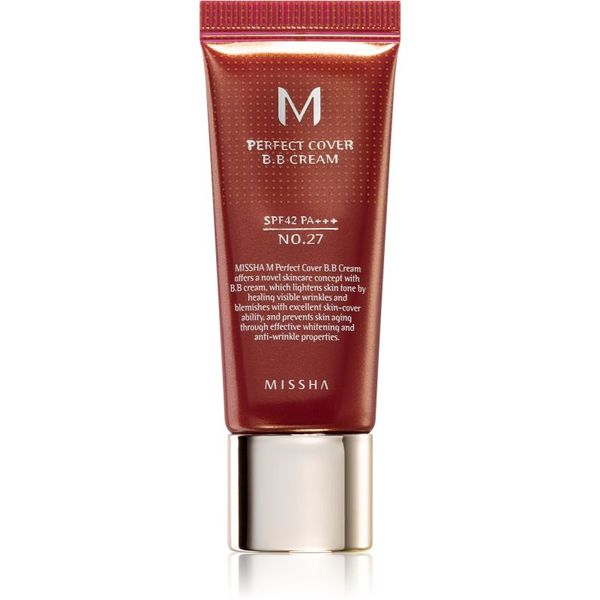 Missha Missha M Perfect Cover BB krema s vrlo visokom UV zaštitom malo pakiranje nijansa No. 27 Honey Beige SPF 42/PA+++ 20 ml
