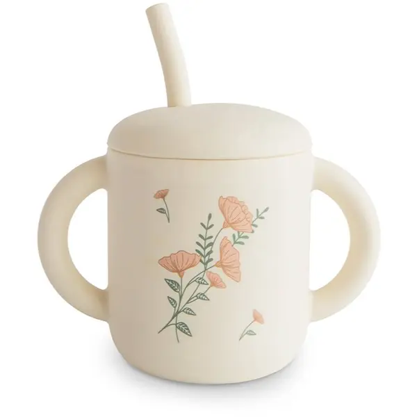 Mushie Mushie Silicone Training Cup Pink Flowers čašica sa slamkom 170 ml