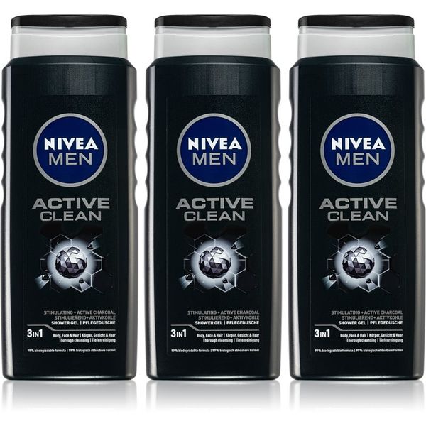 Nivea Nivea Men Active Clean gel za tuširanje za muškarce 3 x 500 ml (ekonomično pakiranje)