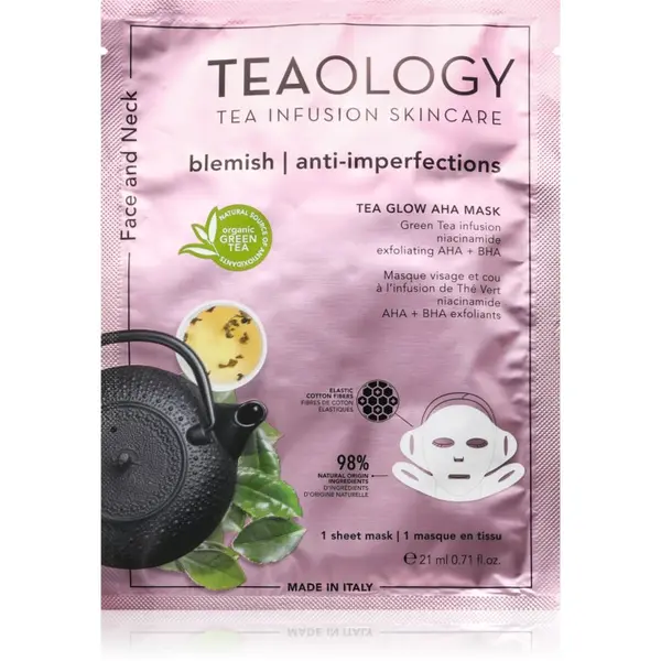 Teaology Teaology Tea Glow Blemish AHA Purifying Mask Sheet maska za čišćenje i osvježavanje lica za vrat i dekolte 21 ml