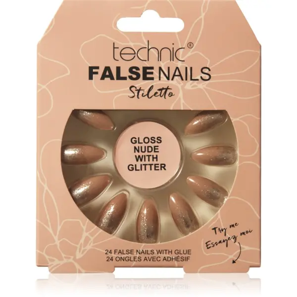 Technic Cosmetics Technic Cosmetics False Nails Stiletto Umjetni nokti Gloss Nude with Glitter 24 kom