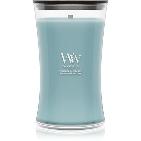 Woodwick Woodwick Cedarwood & Ocean Moss mirisna svijeća s drvenim fitiljem 610 g
