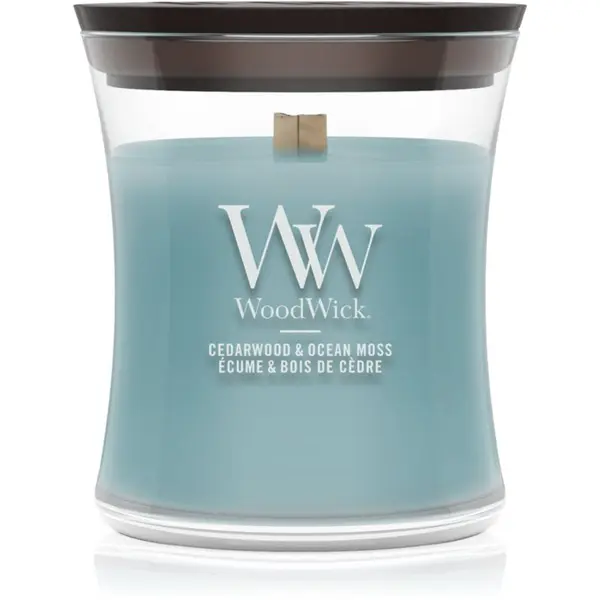 Woodwick Woodwick Cedarwood & Ocean Moss mirisna svijeća s drvenim fitiljem 85 g
