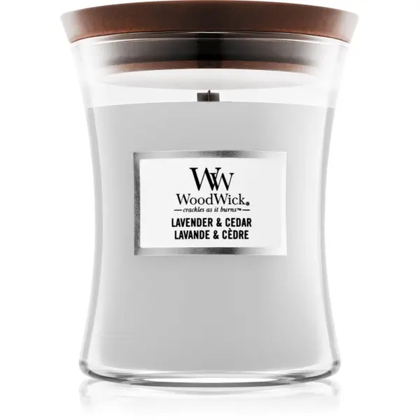 Woodwick Woodwick Lavender & Cedar mirisna svijeća s drvenim fitiljem 275 g