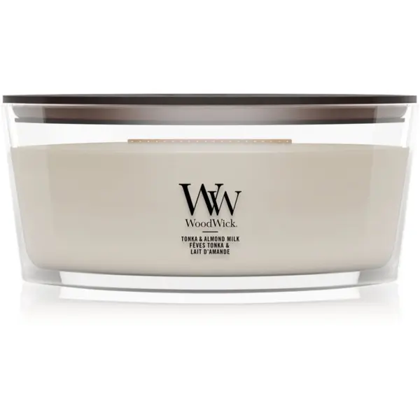 Woodwick Woodwick Tonka & Almond Milk mirisna svijeća s drvenim fitiljem 453.6 g
