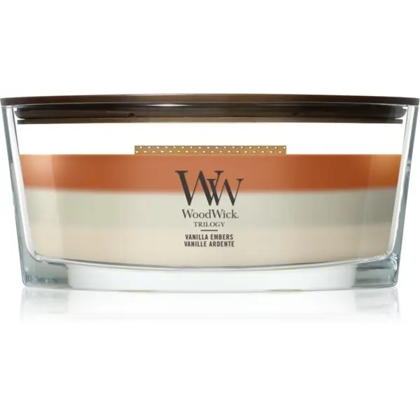 Woodwick Woodwick Trilogy Vanilla Embers mirisna svijeća s drvenim fitiljem 453.6 g
