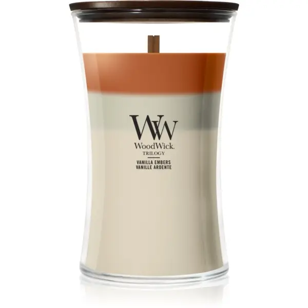Woodwick Woodwick Trilogy Vanilla Embers mirisna svijeća s drvenim fitiljem 610 g