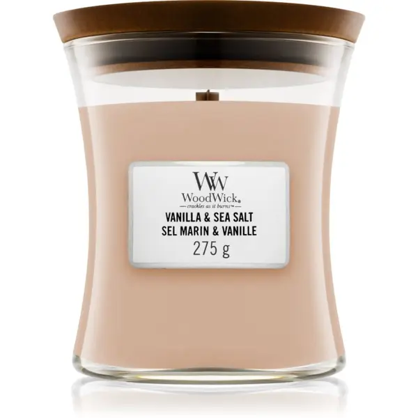 Woodwick Woodwick Vanilla & Sea Salt mirisna svijeća s drvenim fitiljem 275 g