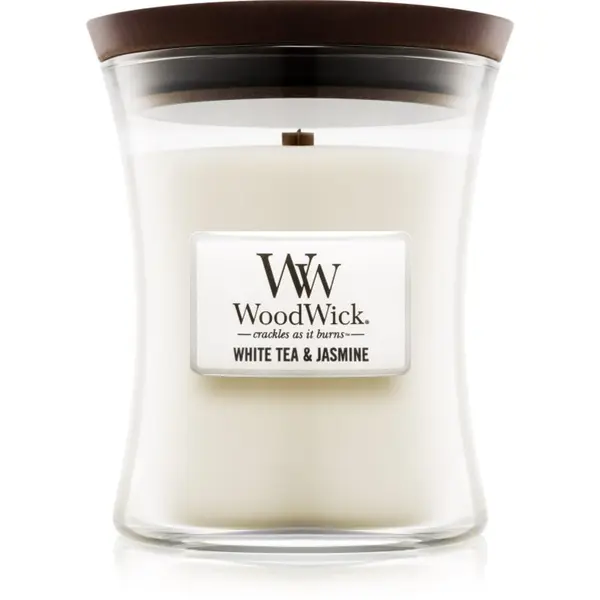 Woodwick Woodwick White Tea & Jasmine mirisna svijeća s drvenim fitiljem 275 g