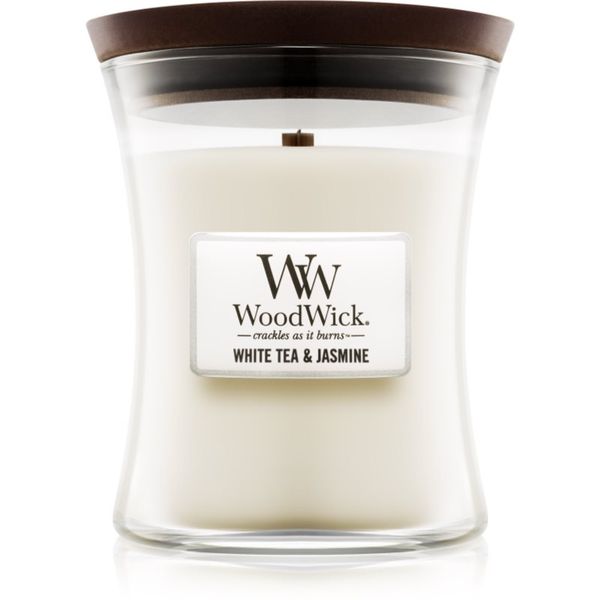 Woodwick Woodwick White Tea & Jasmine mirisna svijeća s drvenim fitiljem 275 g