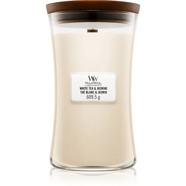 Woodwick Woodwick White Tea & Jasmine mirisna svijeća s drvenim fitiljem 609.5 g