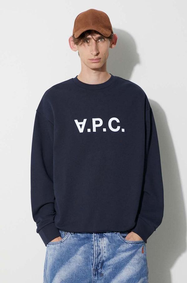 A.P.C. Pamučna dukserica A.P.C. za muškarce, boja: tamno plava, s aplikacijom