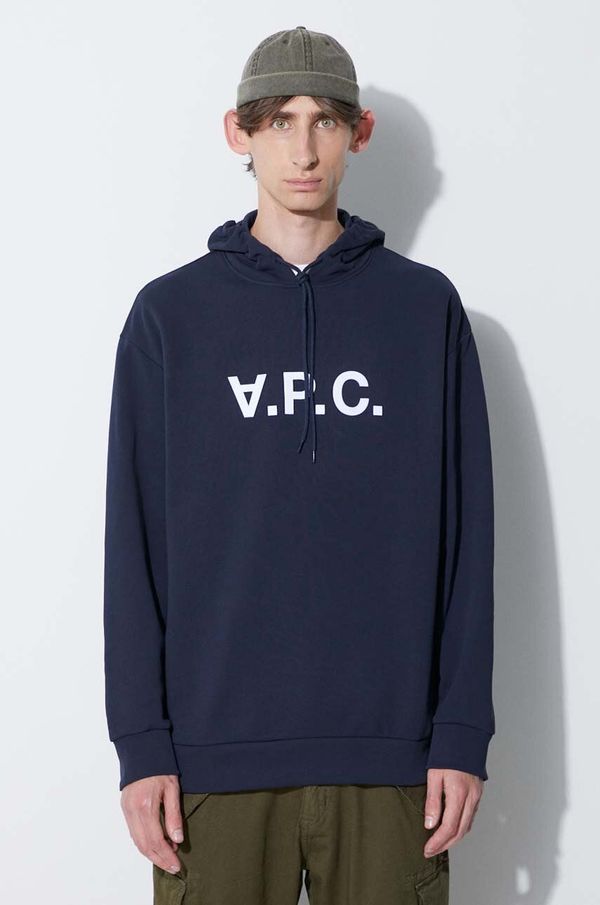 A.P.C. Pamučna dukserica A.P.C. za muškarce, boja: tamno plava, s kapuljačom, s tiskom