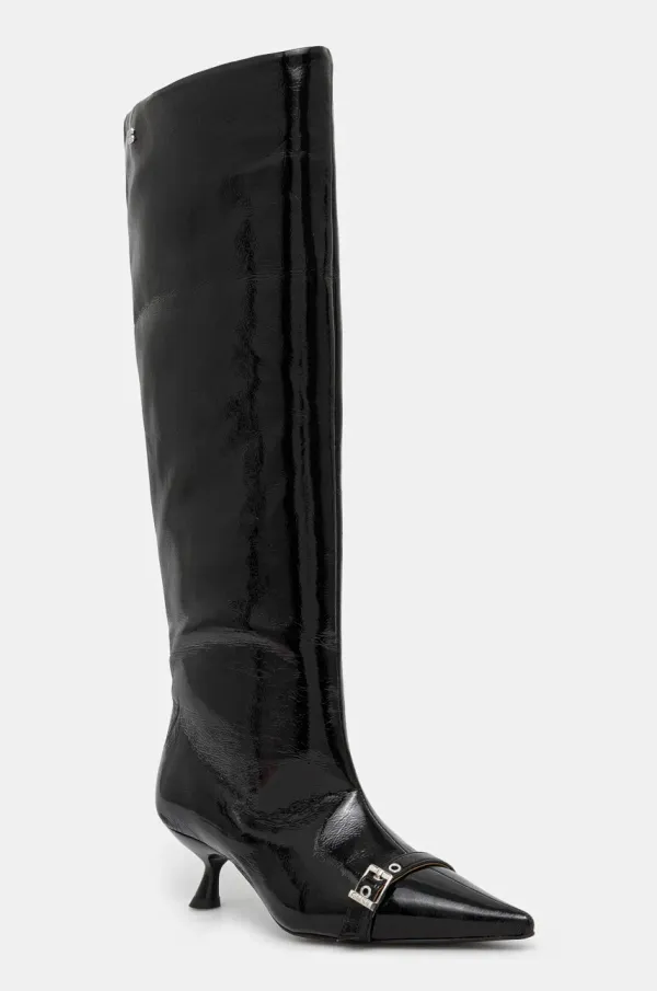 GANNI Čizme GANNI Eyelets Slouchy High Shaft Boot Naplack za žene, boja: crna, mala potpetica, S2835