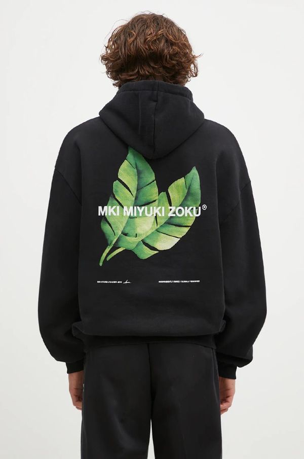 MKI MIYUKI ZOKU Dukserica MKI MIYUKI ZOKU Leaf Hoody za muškarce, boja: crna, s kapuljačom, s tiskom, LEAF.HOODY