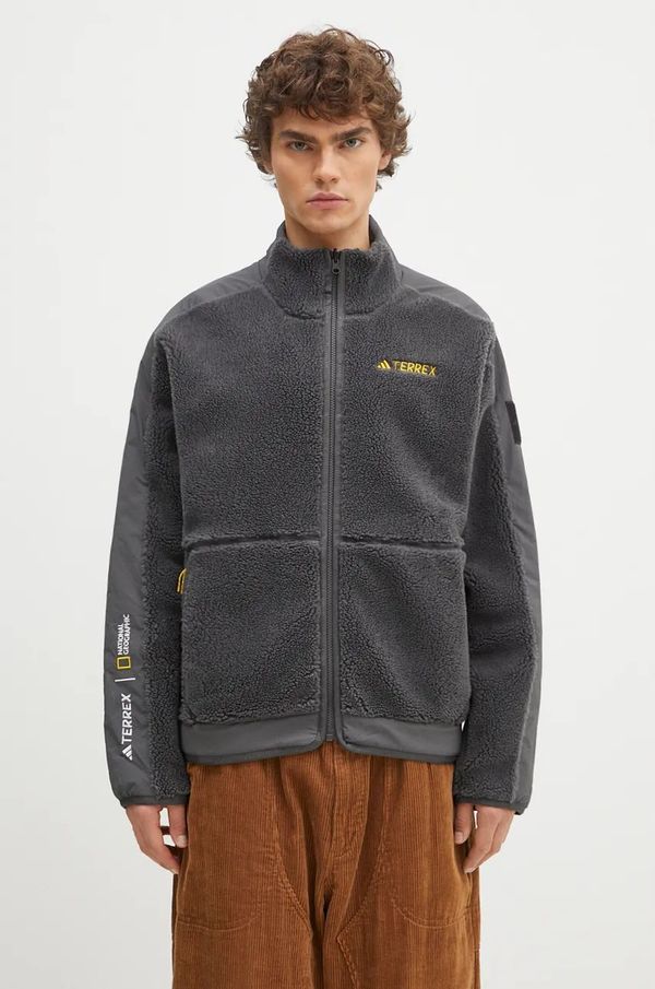 adidas Dukserica od flisa adidas Nattional Geographic High Pile boja: siva, s aplikacijom, JJ4356