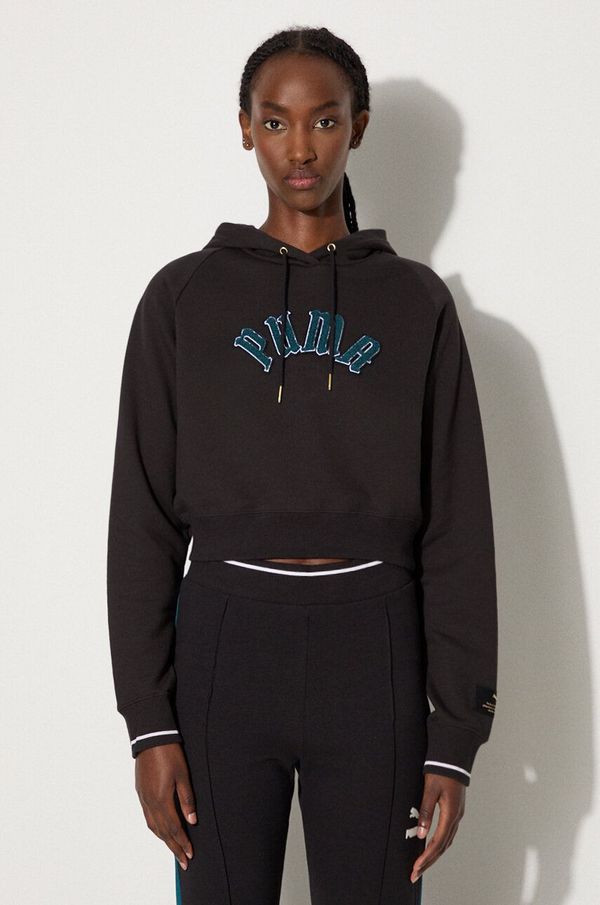 Puma Dukserica Puma Classics Play Paris Relaxed Hoodie za žene, boja: crna, s kapuljačom, s aplikacijom, 627484