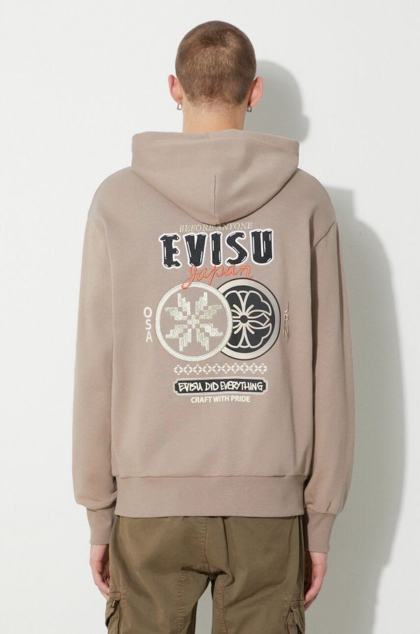Evisu Pamučna dukserica Evisu Double Kamon EMB za muškarce, boja: bež, s kapuljačom, s tiskom, 2EAHTM3SW1076RXCT