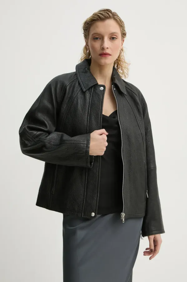 Samsoe Samsoe Kožna jakna Samsoe Samsoe SANOK za žene, boja: crna, za prijelazno razdoblje, F24400104