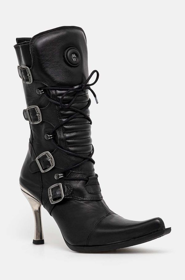 New Rock Kožne gležnjače New Rock ITALI NEGRO FINO + MALICIA TACON CARIBE ACERO za žene, boja: crna, s tankom potpeticom, M-9373-S8