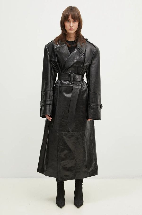 Sportmax Kožni kaput Sportmax Alfeo1234 za žene, boja: crna, za prijelazno razdoblje, bez zakopčavanja, 2422476013600