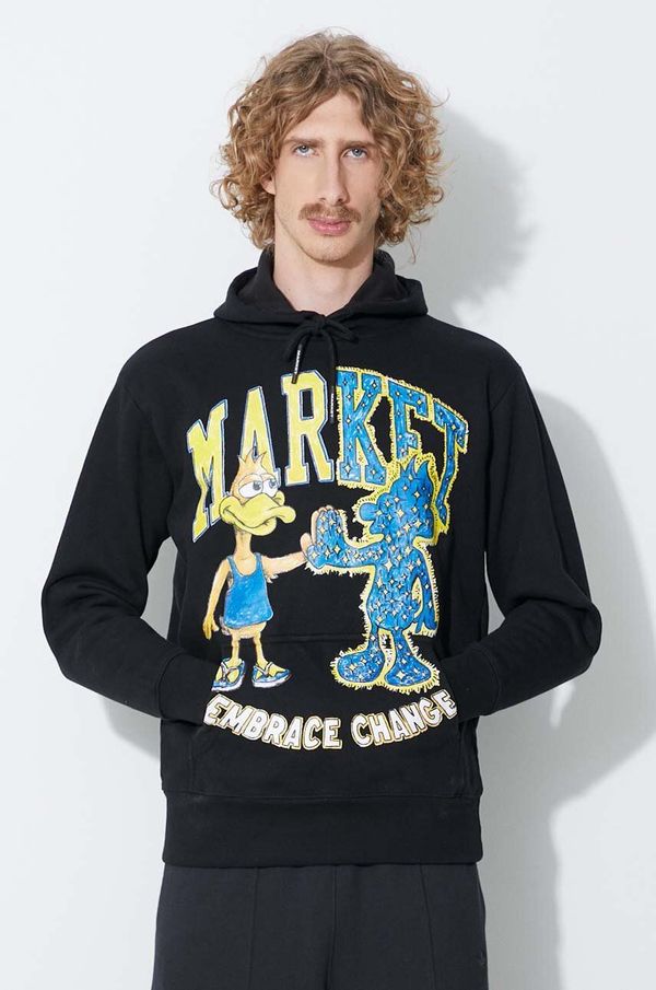 Market Pamučna dukserica Market Duck za muškarce, boja: crna, s kapuljačom, s tiskom, 397000195-BLACK