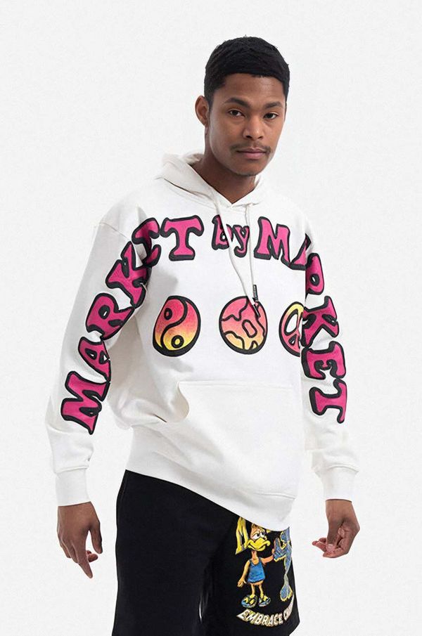 Market Pamučna dukserica Market za muškarce, boja: bijela, s kapuljačom, s tiskom, 397000207-1228