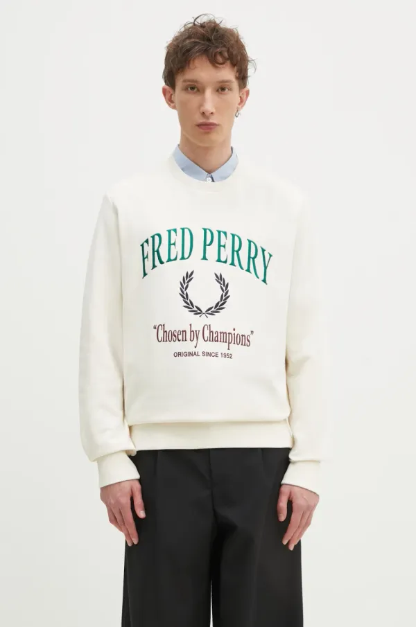 Fred Perry Pamučna dukserica Fred Perry za muškarce, boja: bež, s aplikacijom, M9891.560