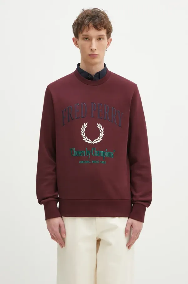 Fred Perry Pamučna dukserica Fred Perry za muškarce, boja: bordo, s aplikacijom, M9891.597