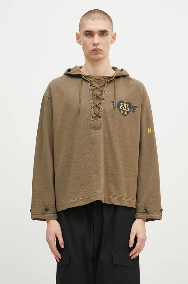 Human Made Pamučna dukserica Human Made Lace-Up Hooded Pullover za muškarce, boja: zelena, s kapuljačom, s tiskom, HM28CS007