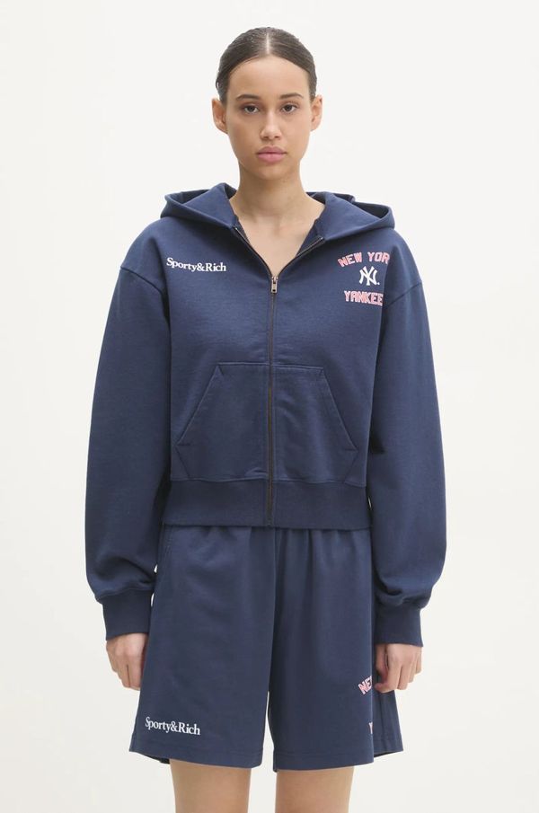 Sporty & Rich Pamučna dukserica Sporty & Rich Home Run Cropped Zipped za žene, boja: tamno plava, s kapuljačom, s tiskom, ST068505300BL32