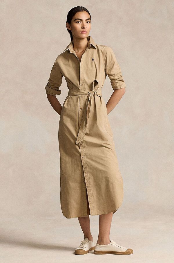 Polo Ralph Lauren Pamučna haljina Polo Ralph Lauren boja: bež, midi, ravna, 211951138