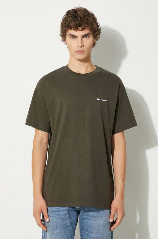 Carhartt WIP Pamučna majica Carhartt WIP S/S Script Embroidery za muškarce, boja: zelena, bez uzorka, I030435.00XXX