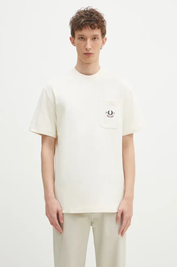 Fred Perry Pamučna majica Fred Perry za muškarce, boja: bež, s aplikacijom, M9827.560