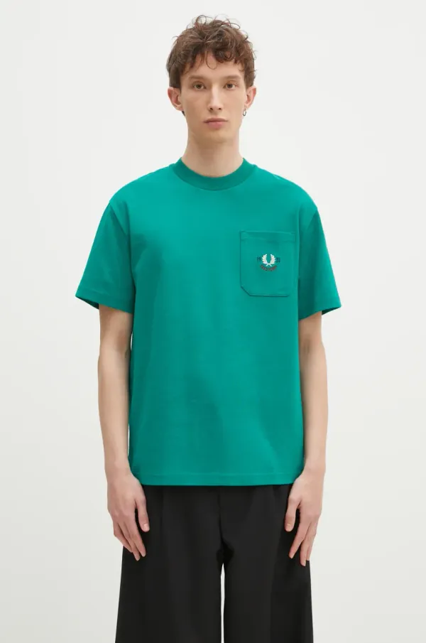 Fred Perry Pamučna majica Fred Perry za muškarce, boja: zelena, s aplikacijom, M9827.X87