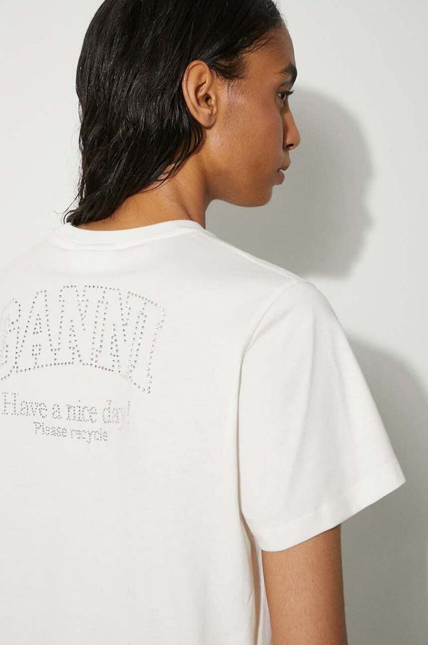 GANNI Pamučna majica GANNI Basic Jersey Rhinestone Relaxed T-shirt za žene, boja: bež, T3946