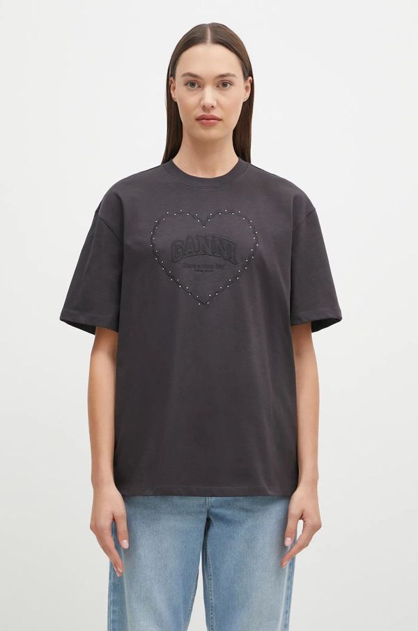 GANNI Pamučna majica GANNI Heavy Cotton Drop Shoulder Heart za žene, boja: crna, T4057