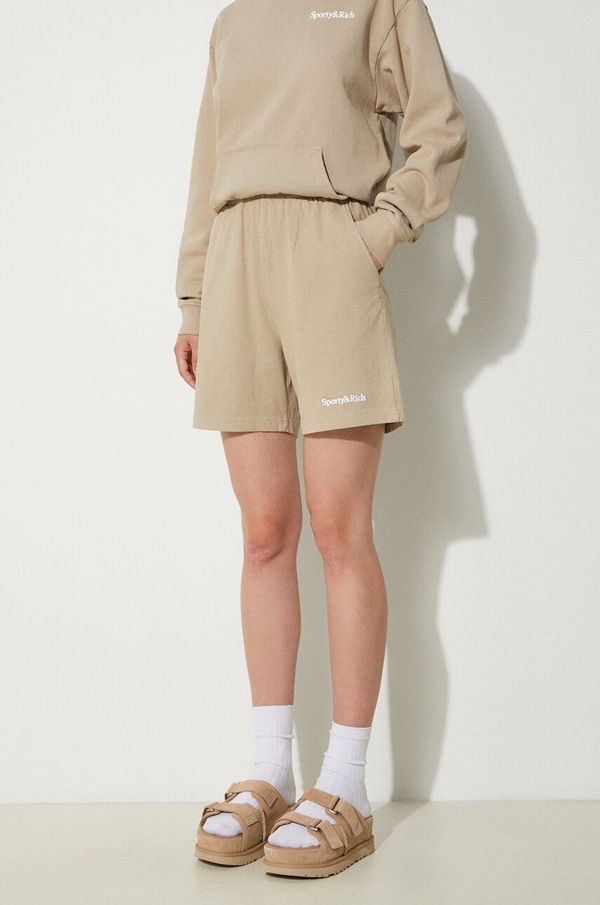 Sporty & Rich Pamučne kratke hlače Sporty & Rich Serif Logo Embroidered boja: bež, bez uzorka, visoki struk, SH021S405SE