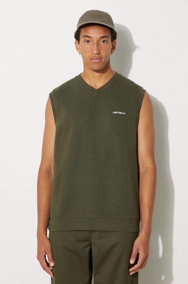 Carhartt WIP Pamučni prsluk Carhartt WIP Script V-Neck Vest Sweat boja: zelena, s aplikacijom, I033907.2DTXX