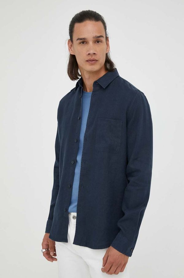 Samsoe Samsoe Lanena košulja Samsoe Samsoe za muškarce, boja: tamno plava, regular, s klasičnim ovratnikom