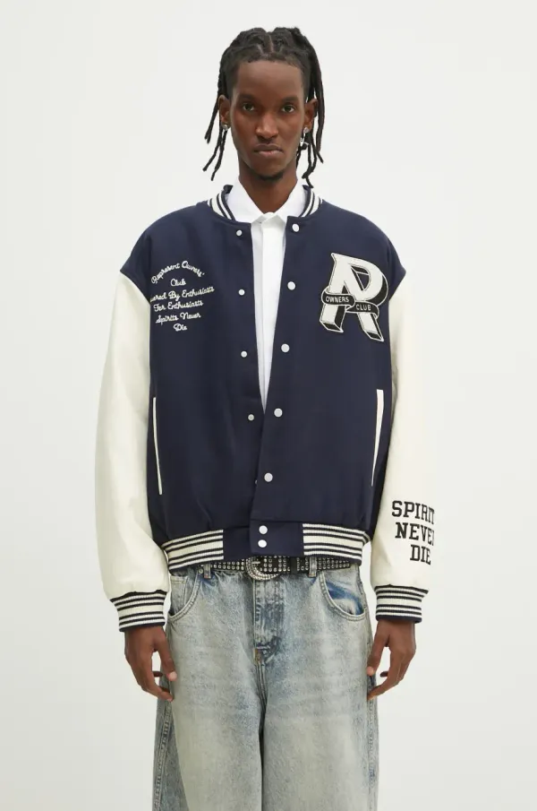 Represent Vunena bomber jakna Represent Owners Club Varsity Jacket boja: tamno plava, za prijelazno razdoblje, oversize, MLM100231.11
