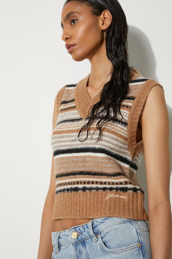 GANNI Vuneni prsluk GANNI Soft Wool Stripe Vest boja: smeđa, K2236