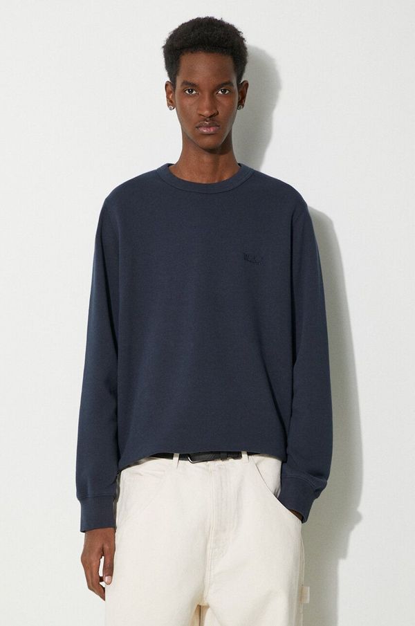 Woolrich Dukserica Woolrich Logo Script Crewneck za muškarce, boja: tamno plava, bez uzorka, CFWOSW0225MRUT3684