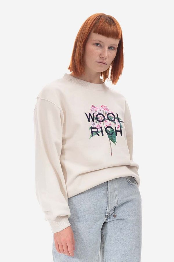 Woolrich Dukserica Woolrich  Mountain Laurel Sweatshirt za žene, boja: bež, s tiskom, CFWWSW0107FRUT3164-8743