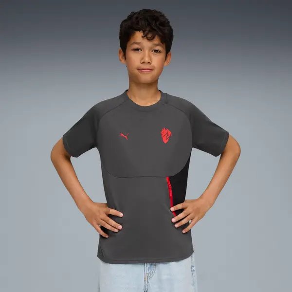PUMA AC Milan PUMATECH Pocket Tee Youth, Clothing, Shadow Gray/Red, 15-16Y
